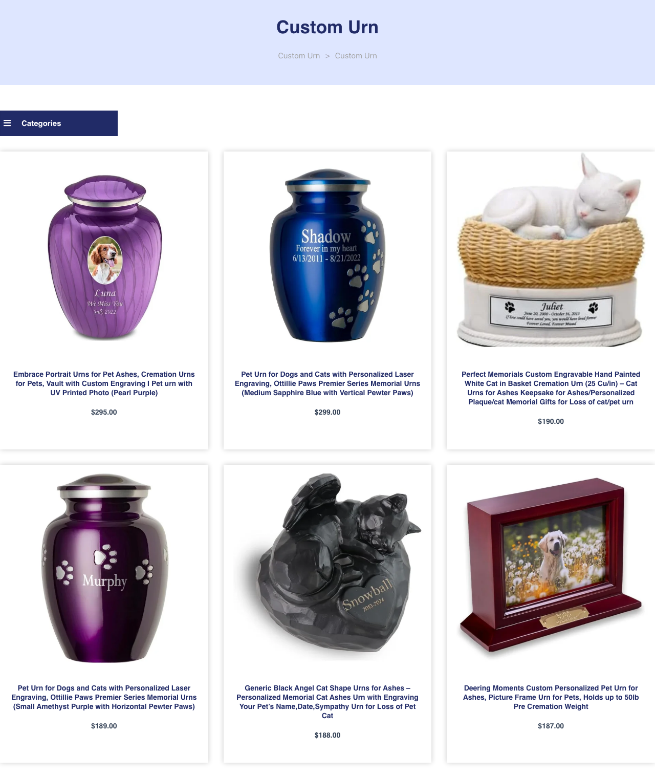 View-only catalog of custom pet urn examples